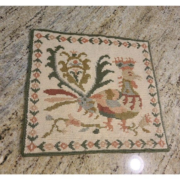 Old Wool Needlepoint Pillow Cover Peacock Athens Greece Nat. Welfare Org 11x12 - Picture 1 of 12